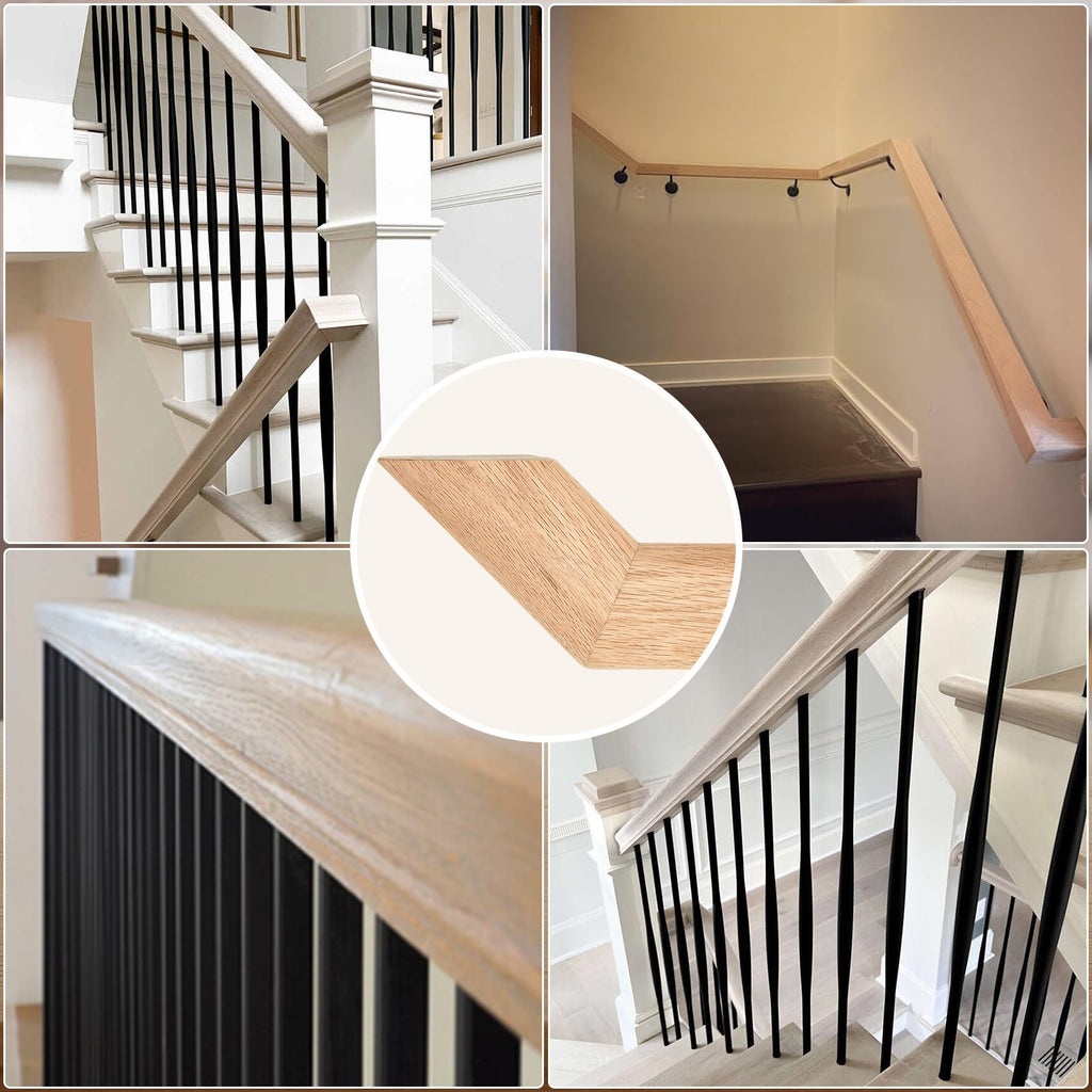6010 Red Oak Handrail Kit 6 ft with Wall Returns and Wall Mount Brackets Indoor Wood Stairs Handrails Included Screws