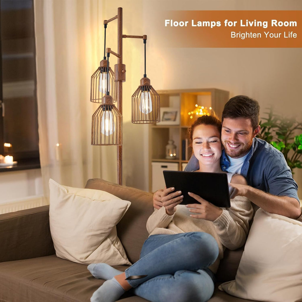 Dimmable Industrial Floor Lamp with 3 Cage Heads, Wood Grain Tree Standing Lamp with Stepless Dimming, Modern