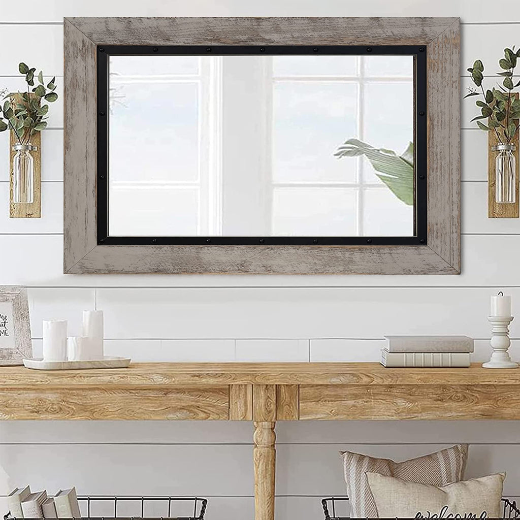 Rustic Wooden Framed Wall Mirror, Natural Wood and Iron Bathroom Vanity Mirror for Farmhouse Decor, Vertical or