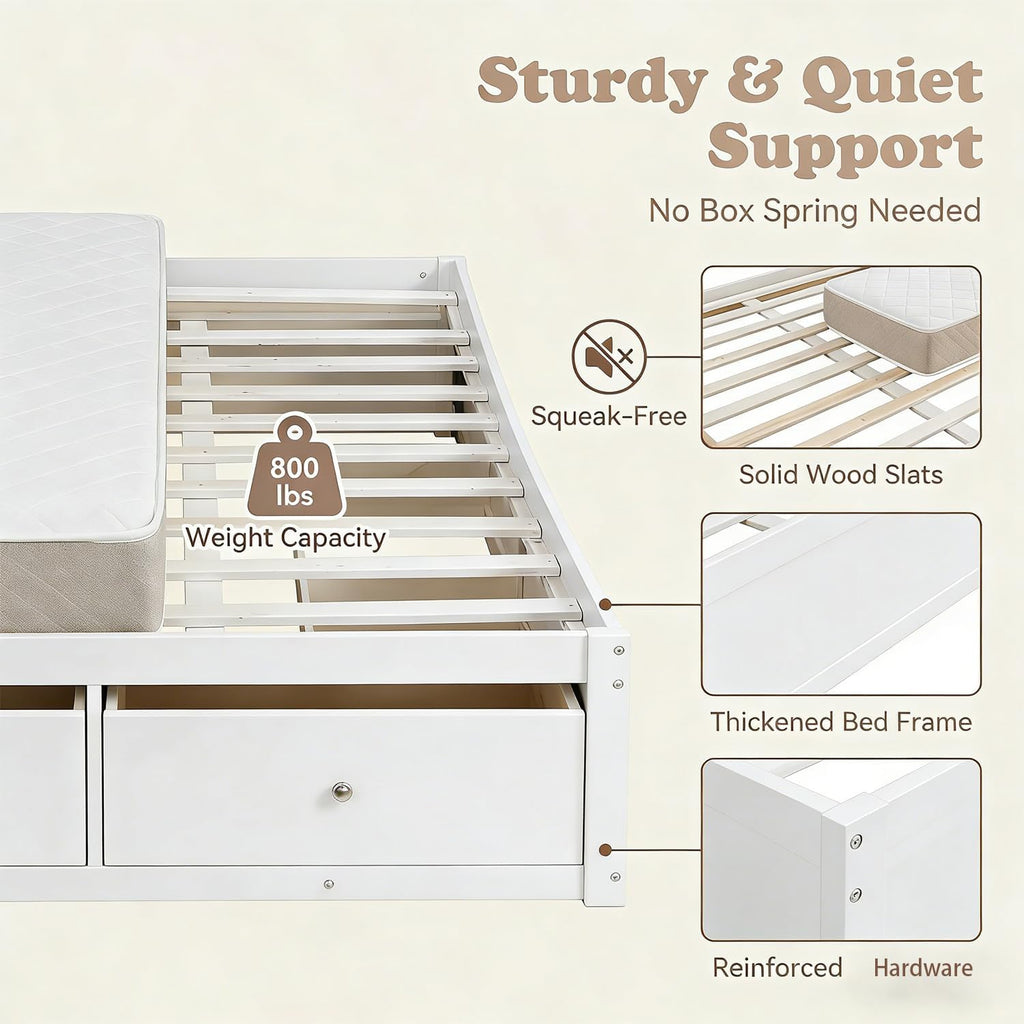 Farmhouse Wood Bed Frame, Japanese Low Platform Wooden Beds Frames with 4 Drawers & Concealed Hydraulic