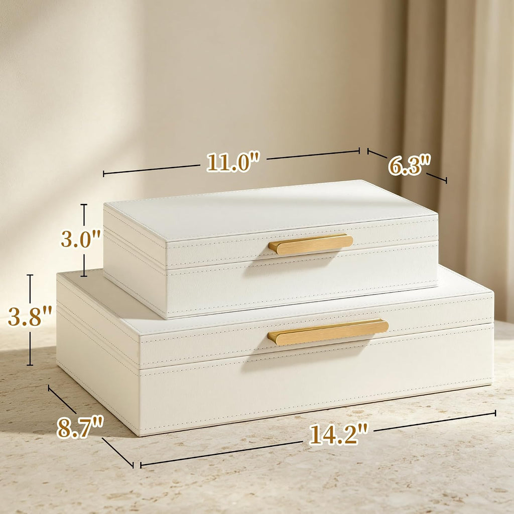 Decorative Storage Boxes with Lids, PU Leather Bins, 2 Pack, White - Set of 2