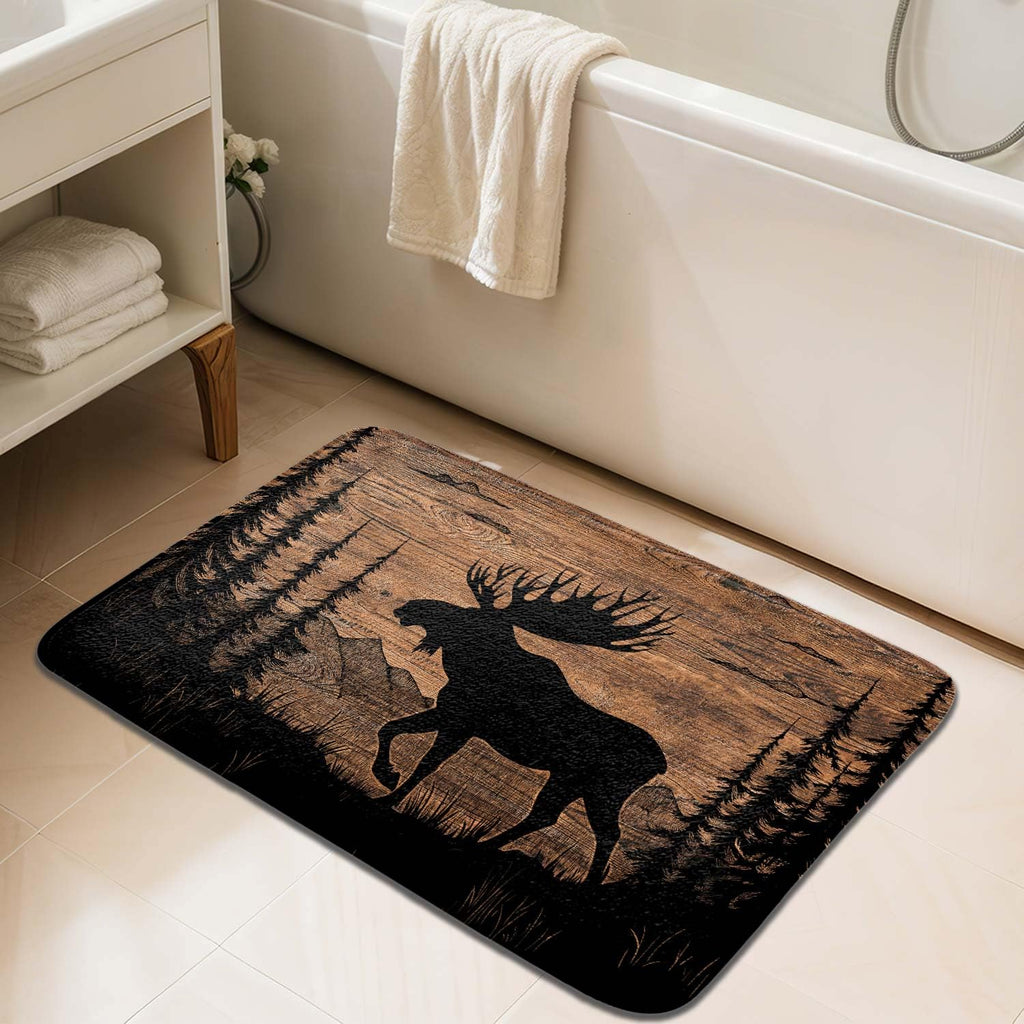 Moose in Pine Forest Wood Style Bath Mat 17X29IN