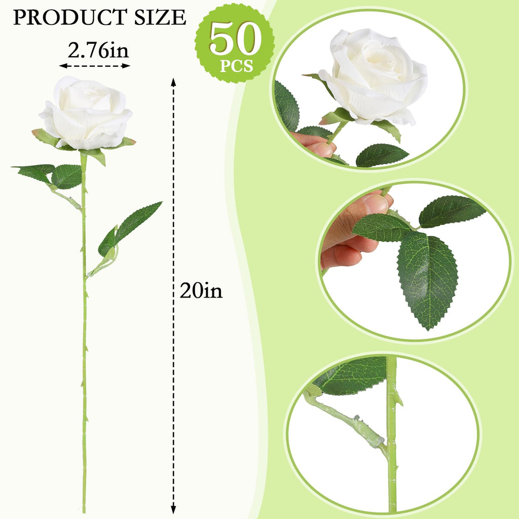 50 Pcs Artificial Roses, Realistic Silk Flowers Bulk, White