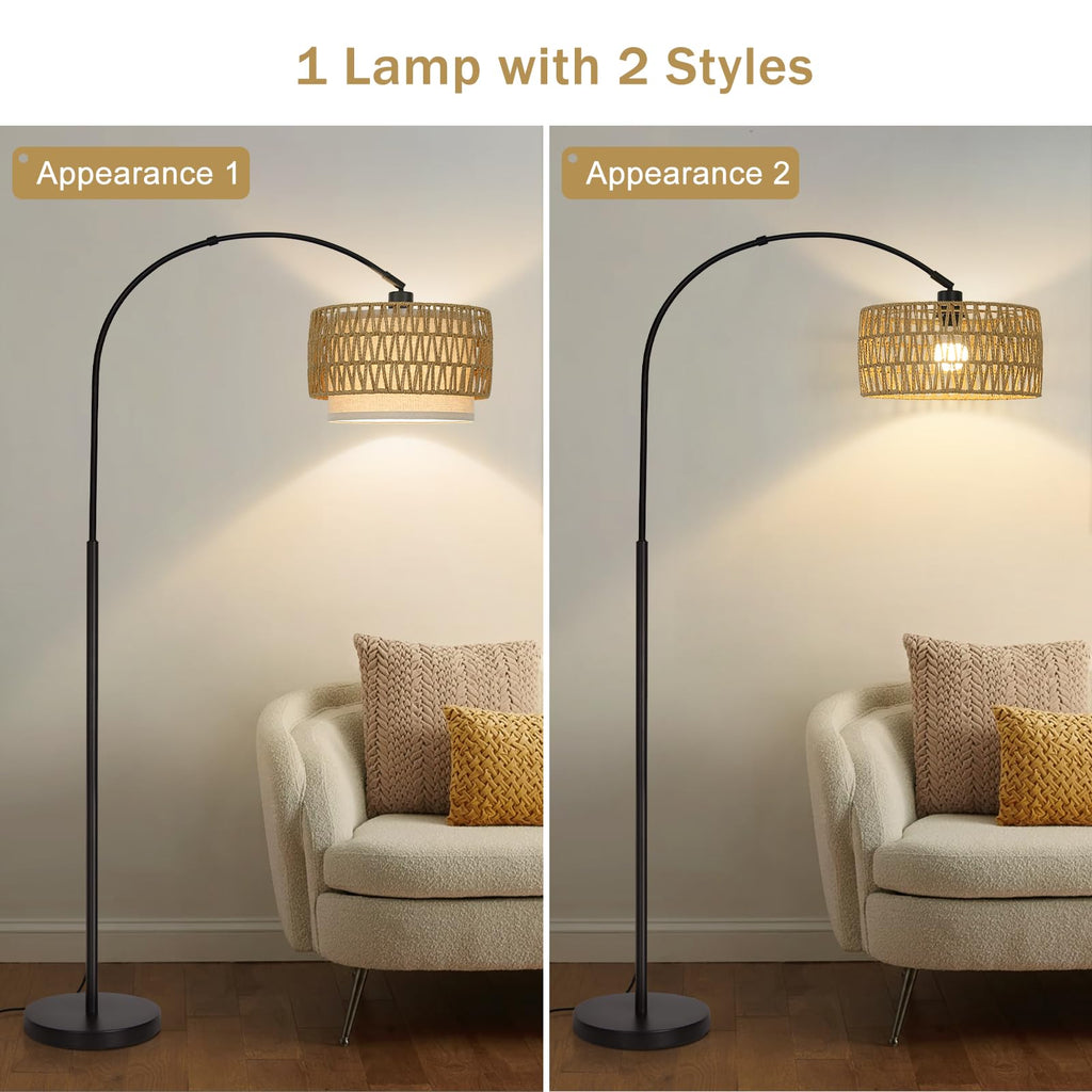 Rattan Floor Lamp, Dimmable Arc Floor Lamps with Adjustable Head