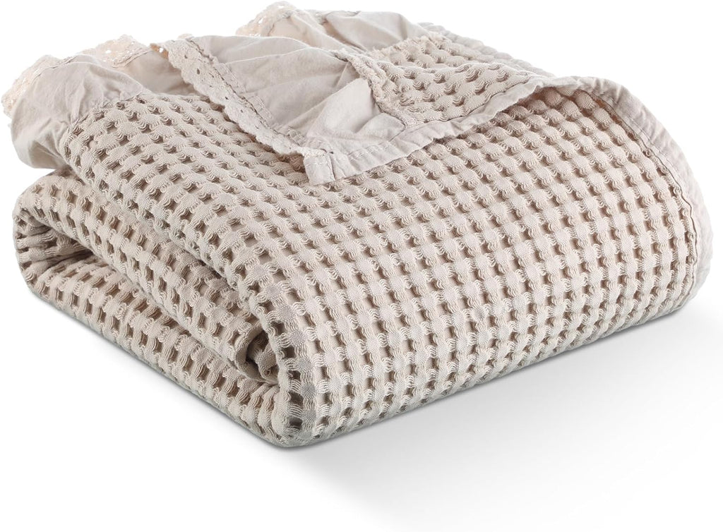 Waffle Weave Blanket 43" x 63" 100% Cotton Neutral Boho Farmhouse Woven Knitted Beige Throw with Ruffles Warm Soft