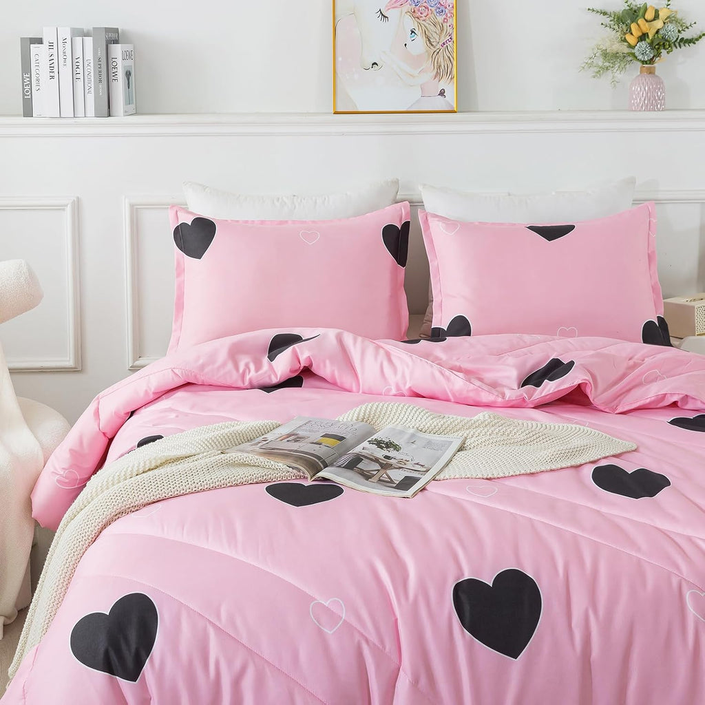Girls Pink Comforter Set Twin - Blush Pink Cute Love Heart Print Comforter Bedding Set for All Seasons, Geometric