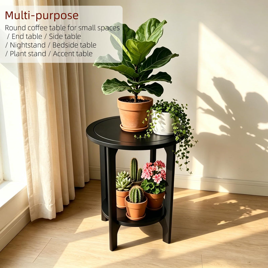Black Solid Wood Round Side Table