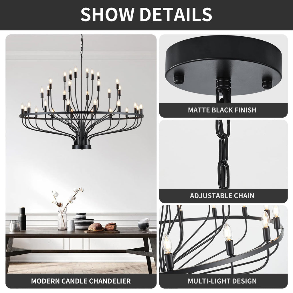 51.2" 32-Light Black Chandelier, Modern Farmhouse Candle Chandelier