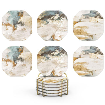 Absorbent Ceramic Stone Coasters Set of 6 with Holder, Teal Beige