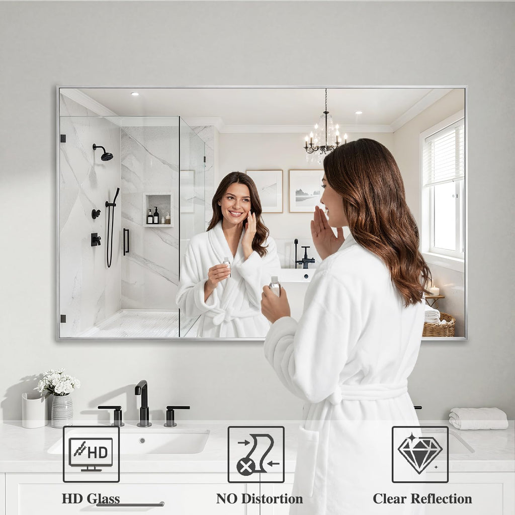 Silver Rectangle Wall Mirror, 30x48 Inch Bathroom Mirror, Aluminum Frame Vanity Mirror Bathroom, Hangs Horizontally