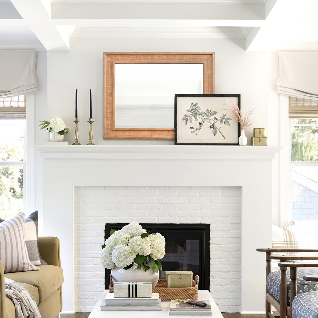 Rattan Wall Mounted Mirror 24"x32" Wood Framed Farmhouse Hanging Bathroom Mirror Decorative Rectangle Wall Mirror