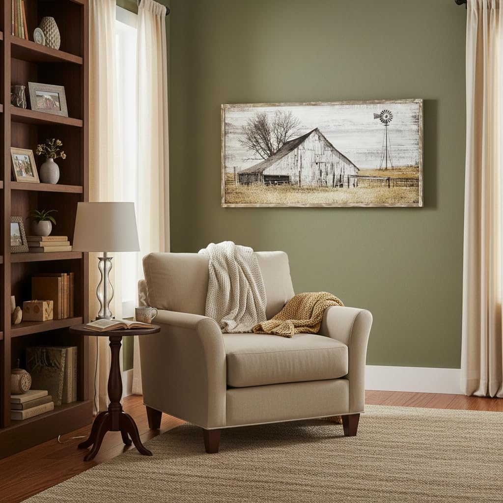Barn Framed Wall Art Farmhouse: Rustic Farm Wood Picture Decor Large Windmill Country Scene Painting Horizontal