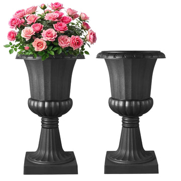 Plastic Urn Planters, 15.8 x 26.4 Inch, 2 Pack Black Classic Flower Pots Front Porch Planters, Indoor & Outdoor Vase
