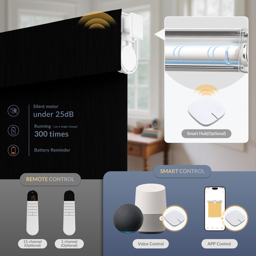 Motorized Roller Blind with Remote, No Drill Smart Roller Shades for Indoor Window, Blackout Linen Fabric