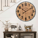 Large Old Town Farmhouse Wall Clock 24 Inch Rustic Antique Wood with Metal Circle and Large Numerals Silent Battery