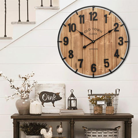 Large Old Town Farmhouse Wall Clock 24 Inch Rustic Antique Wood with Metal Circle and Large Numerals Silent Battery