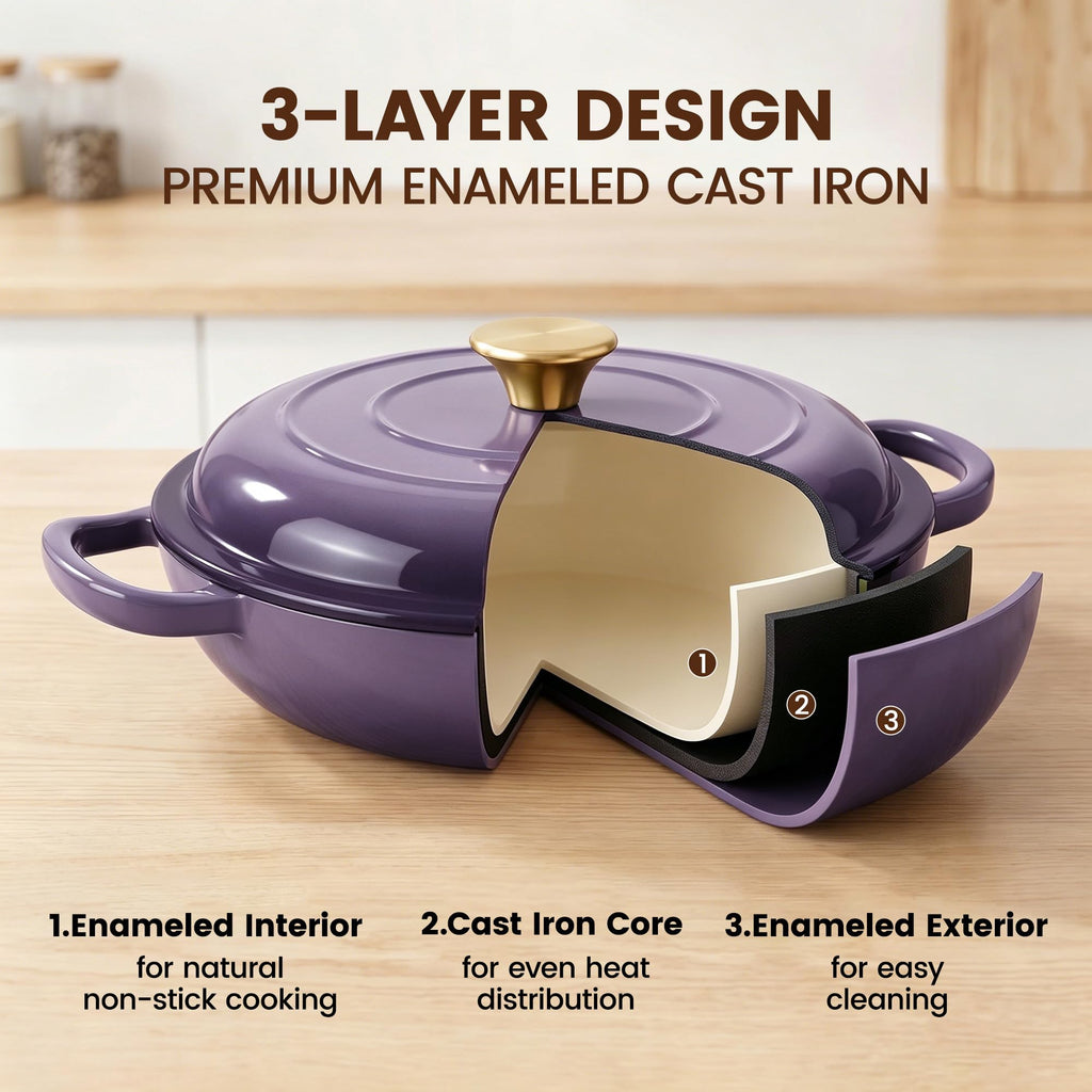 Vintage Style 3 Quart Enameled Cast Iron Braiser, Non Stick Enameled Cast Iron Skillet with Lid, Dutch Oven Skillet