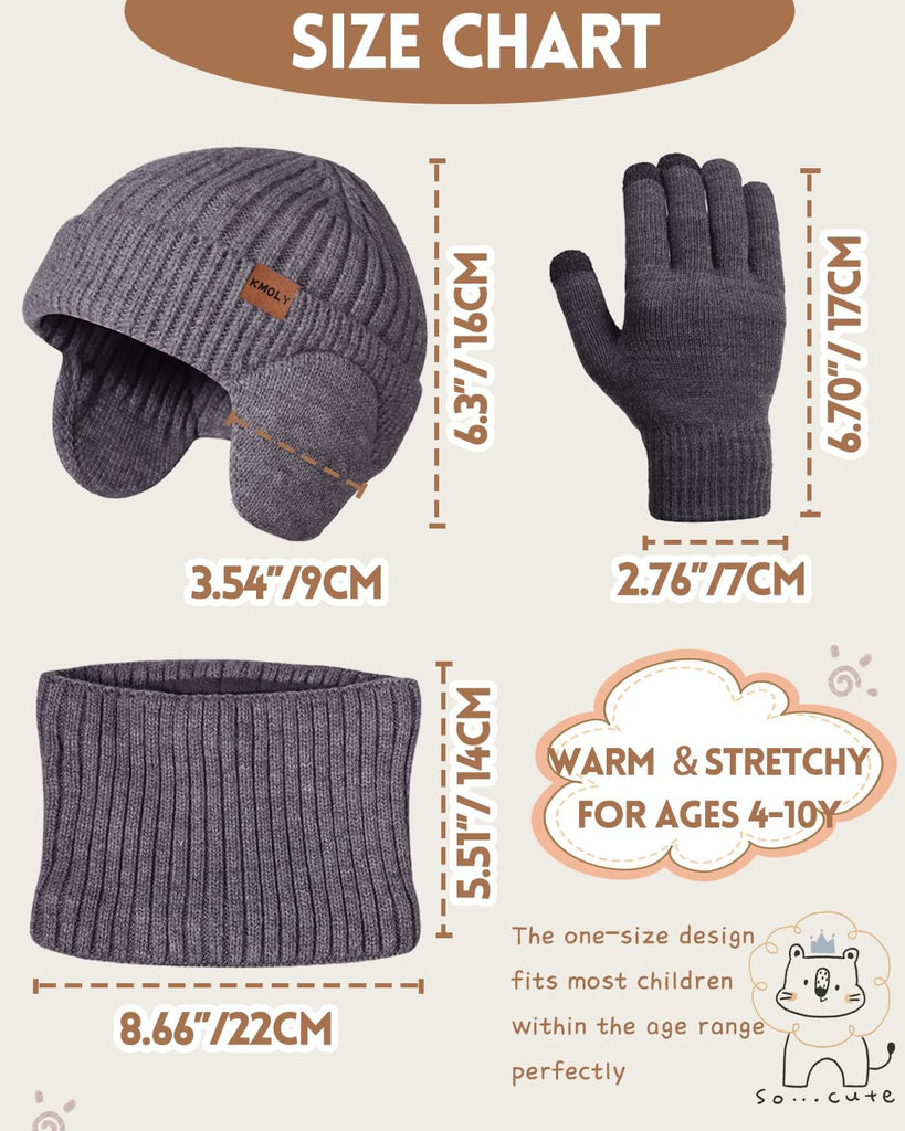 Kids Winter Beanie Hat Scarf Gloves Set, Knit Hat With Earmuffs Neck Gaiter Fleece Lined Touchscreen Gloves
