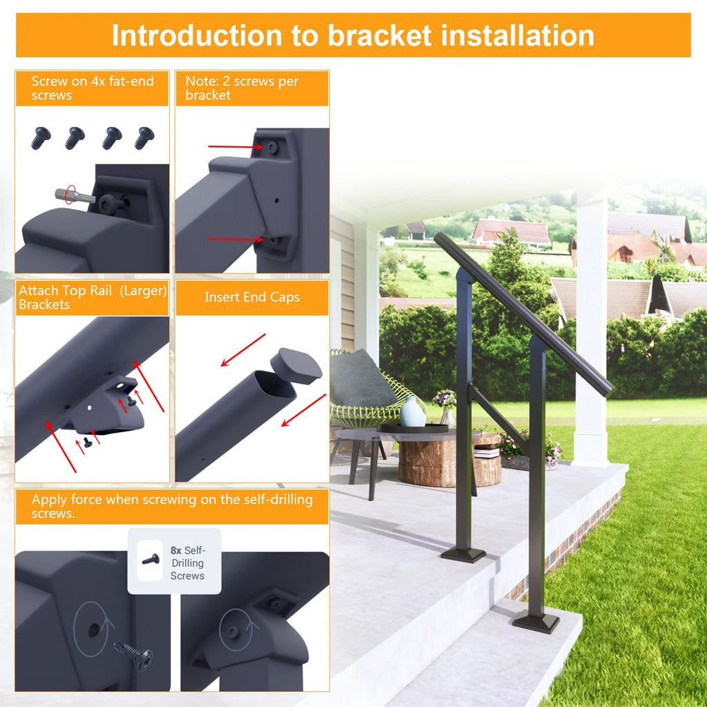 8 Step Handrail, Black Iron Stair Railing, Outdoor Indoor