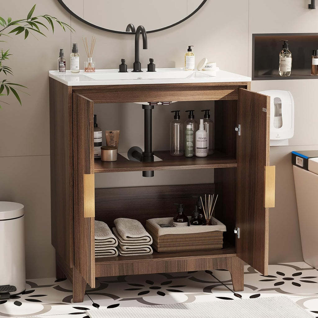 30 Inch Bathroom Vanity with Sink, Mid-Century Modern Vanity with Ceramic Basin and Fluted Soft-Close Doors