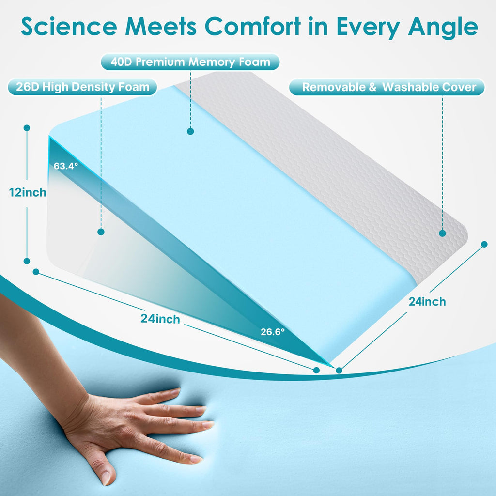 12 inch Bed Wedge Pillow for Sleeping, Reading & Resting, Cooling Memory Foam Incline Pillow Wedge for Adults