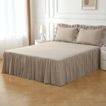 Taupe/White Plaid Bed Skirt Gingham Dust Ruffle King Size 18" Drop
