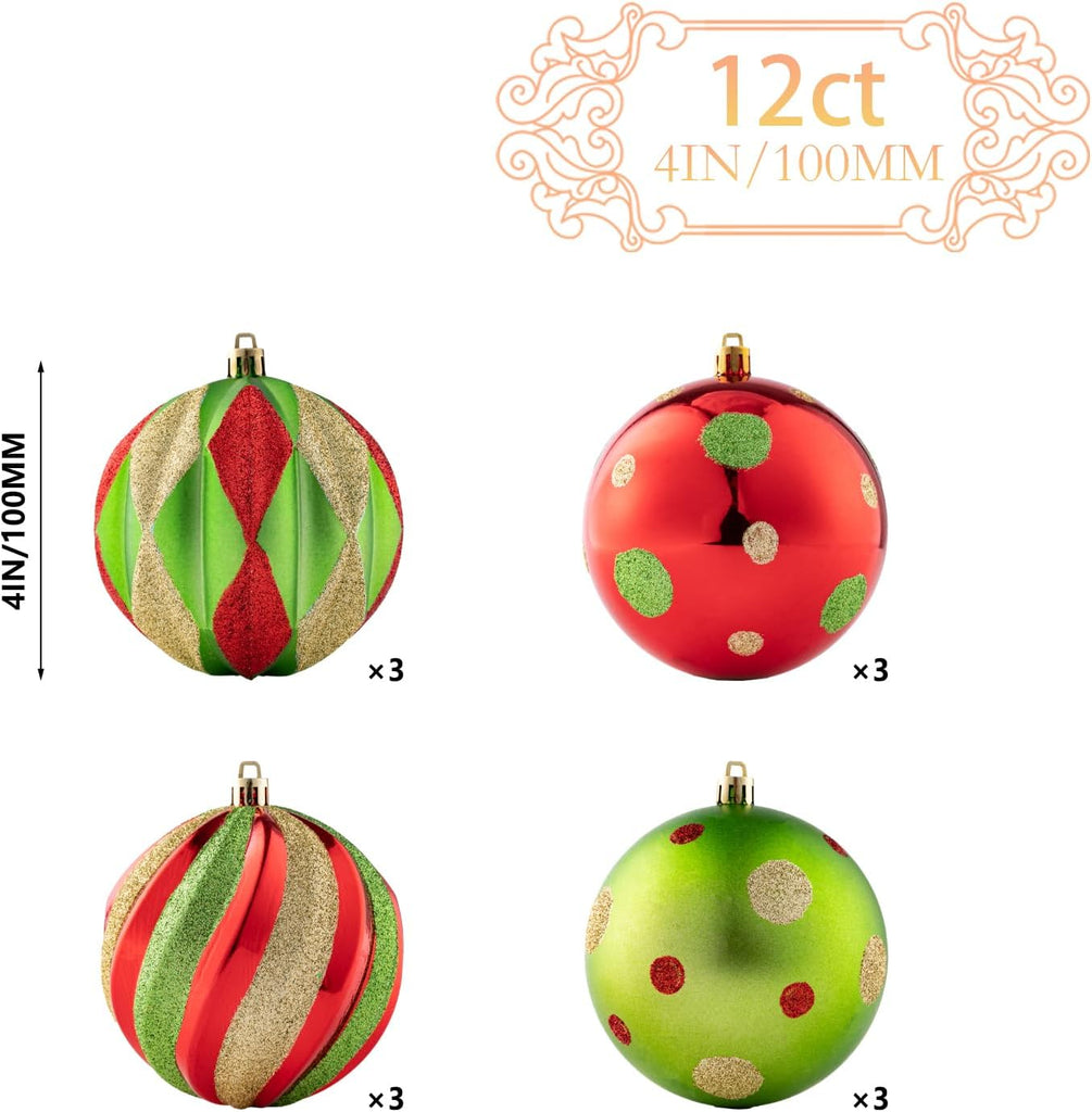 4 Inch Large Christmas Ball Ornaments, 12PCS Shatterproof Red, Green, Gold Christmas Ornaments - Classic Polka Dot