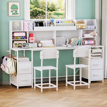 69" Double Kids Desk and Chair Set with Hutch & Storage, Ages 6-12