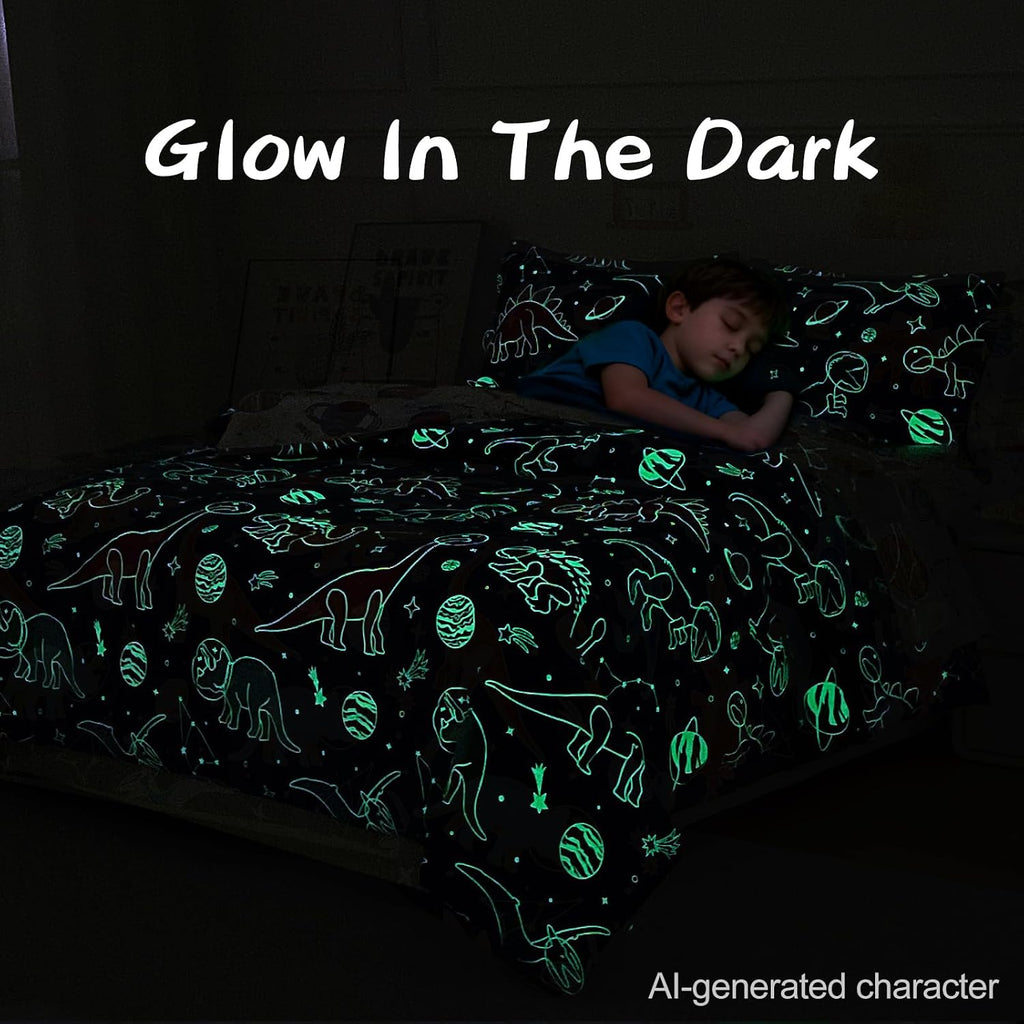 5pc Glow in The Dark Kids Comforter Set,Dinosaur Galaxy Printed, Space Bedding Set Full for Boys Girls Teen