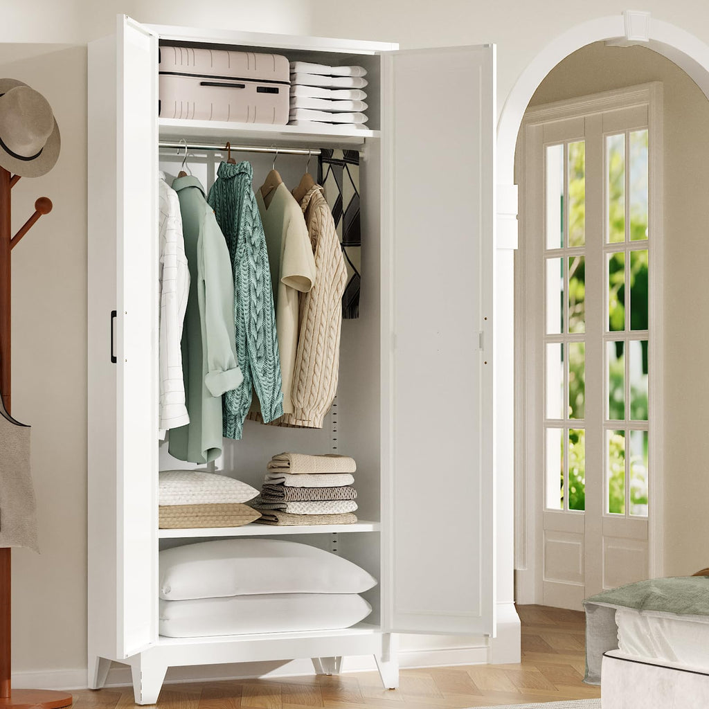 75"Tall Metal Armoire Wardrobe Closet with Hanging Rod & 2 Shelves
