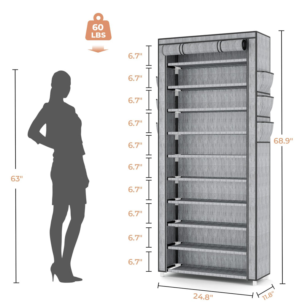 10 Tier Tall Shoe Rack with Cover Organizer Shoe Stand Light Gray