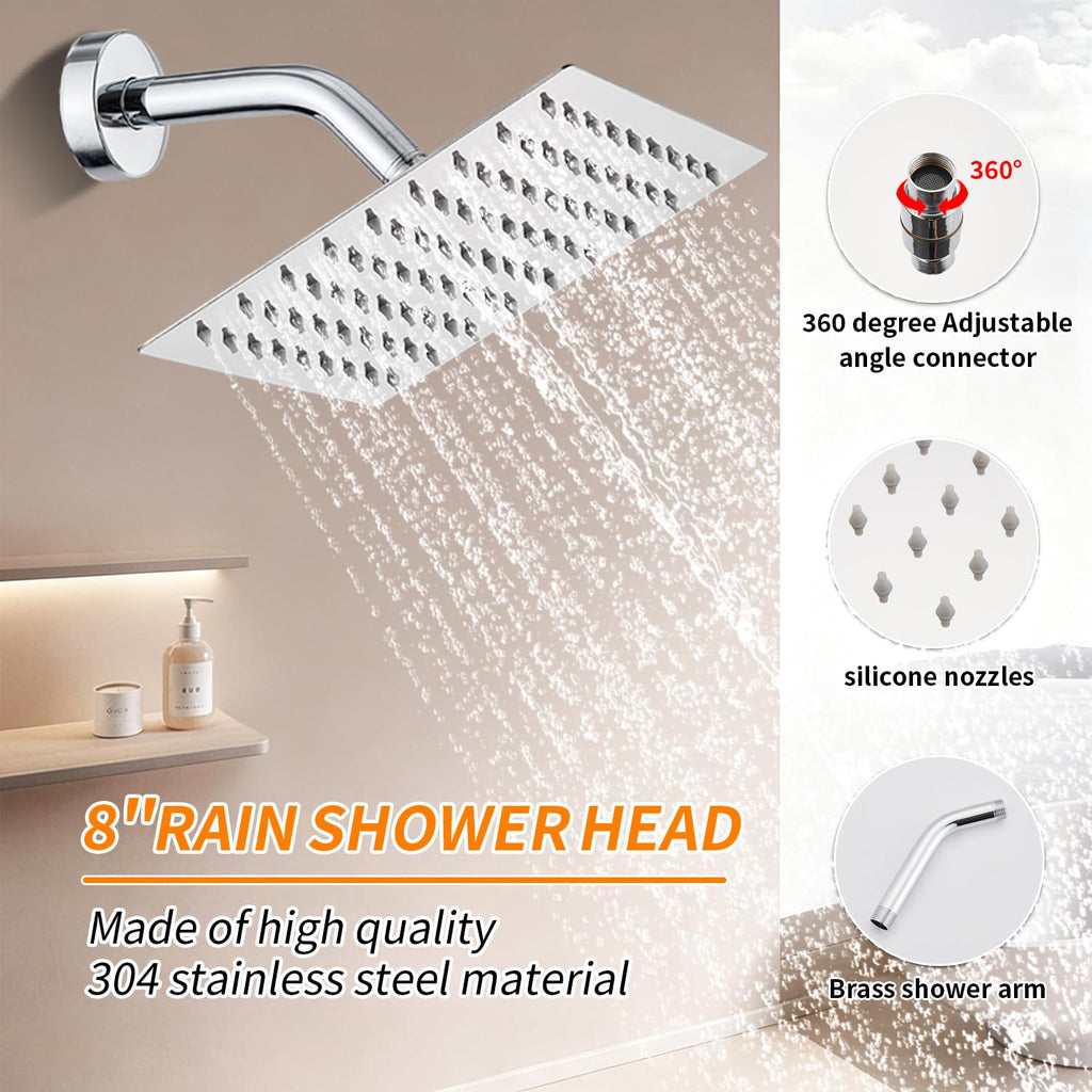 Shower Faucet Single Function Trim Kit with Rough-in Valve Set Bath Rainfall Shower System 8inch Square Stainless