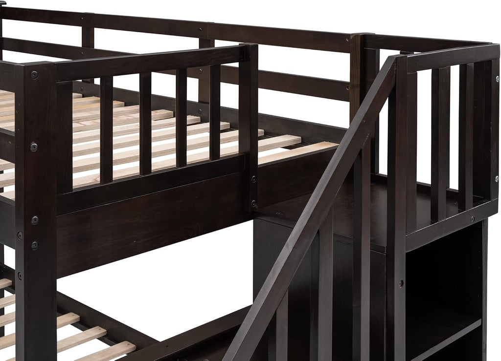 Wood Twin Over Full Bunk Bed with Storage Stairs for Kids Boys Girls, Stairway Bunk Bed with Drawers and Guardrails