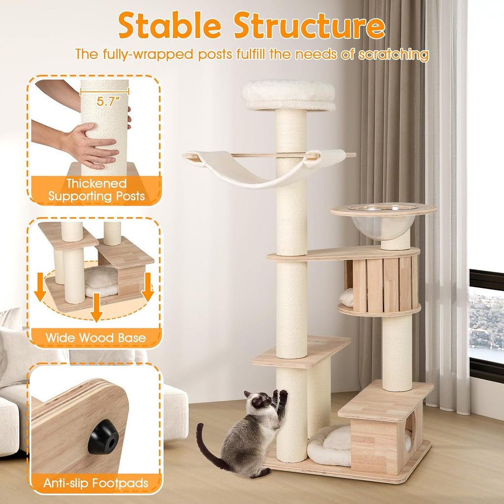 69" Tall Cat Tree, Multi-Layer Wood Cat Tower with Scratching Posts, Perch, Condo, Space Capsule, Hammock, Washable