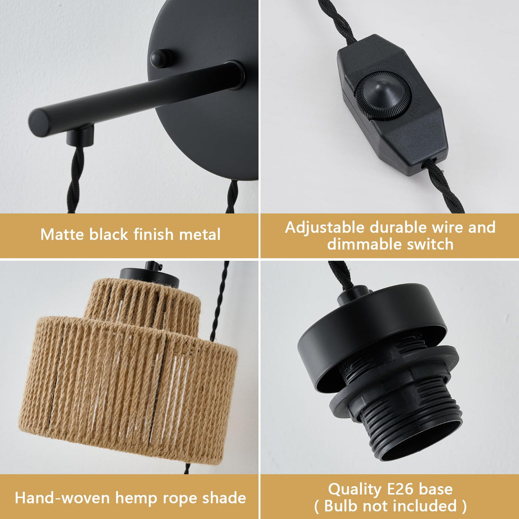 Rattan Plug in Wall Sconces 2 Pack with Dimmable Switch on 6.56FT Cord