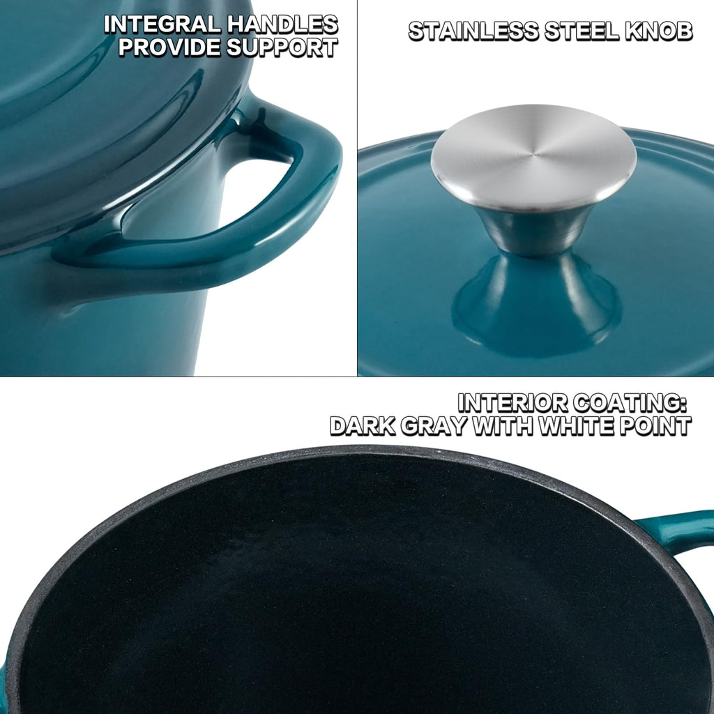 Dutch Oven Pot with Lid 2.8 Qt Cast Iron Dutch Oven for Bread Baking, DarkCyan Enameled Cast Iron Soup Pot, Small