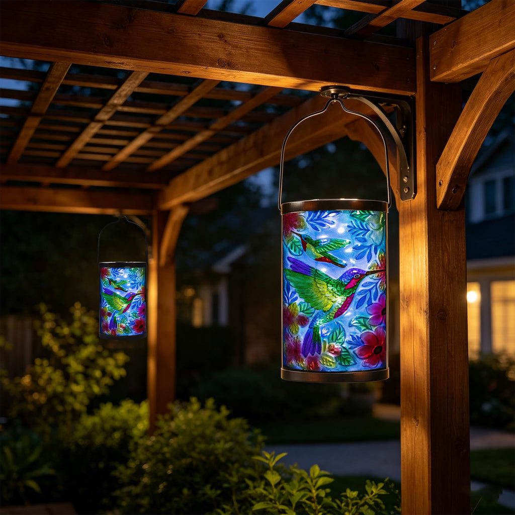 Hummingbird Solar Lantern, Hanging Glass Outdoor Garden Light