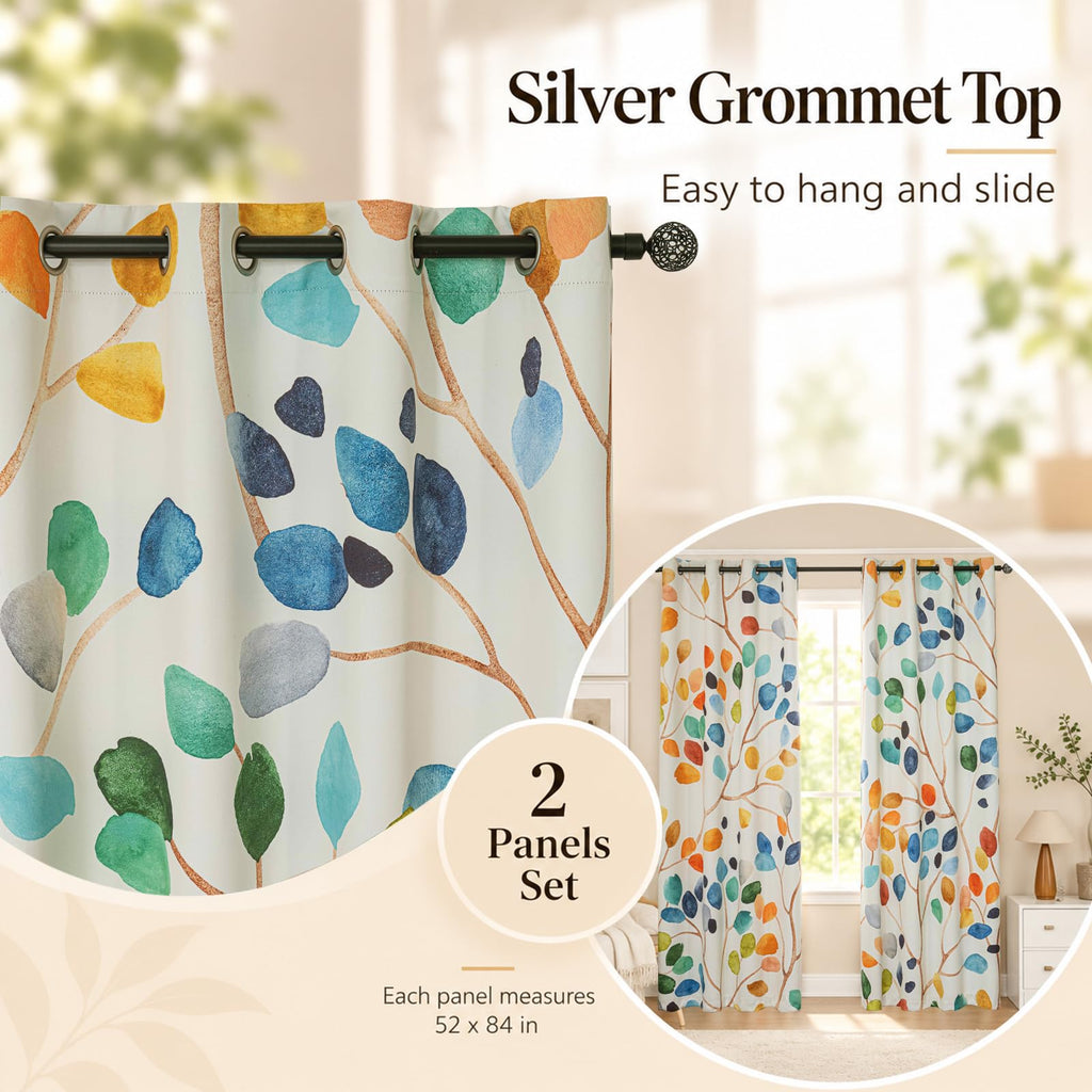 Boho Watercolor Leaf Floral Blackout Curtains, Colorful Bohemian Print Window Drapes, Grommet 2 Panels Set Living