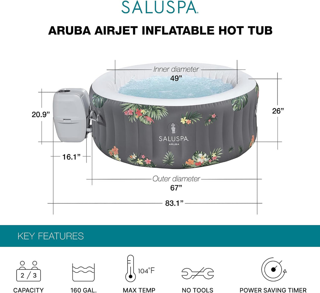 SaluSpa Aruba 2 to 3 Person Inflatable Hot Tub, Round Energy-Efficient Portable Outdoor Spa with 110 AirJets, 67" x