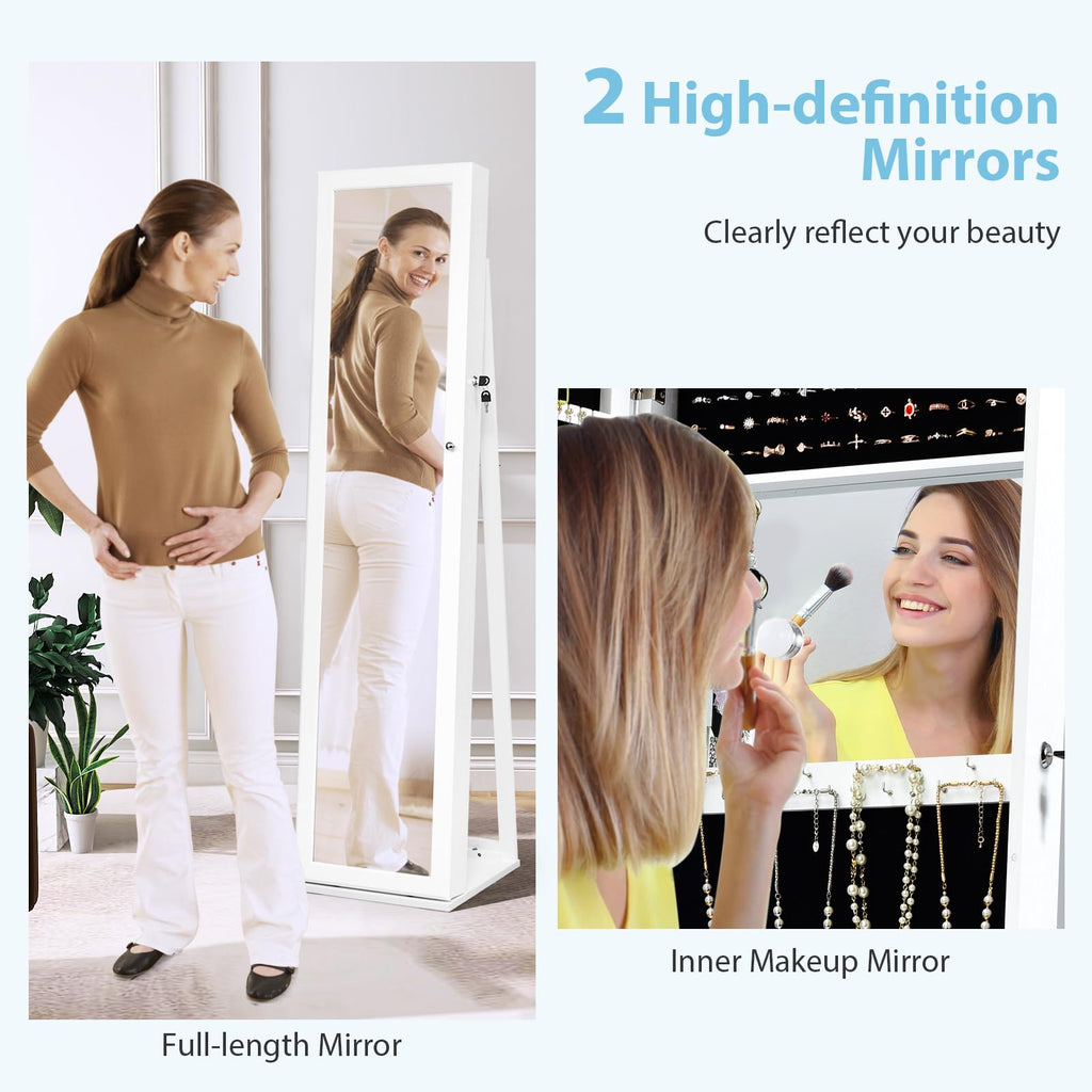 Jewelry Cabinet with Full-length Mirror, Jewelry Storage Organizer with Makeup Mirror, Back Storage Shelf, Lockable