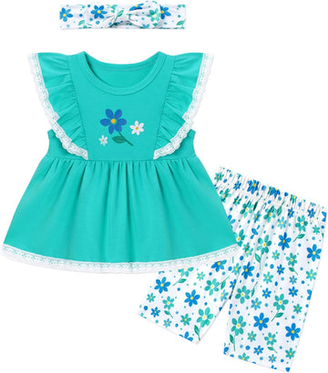 Toddler Baby Girl Shorts Set Summer Clothes 3 Piece Outfit Cute Ruffle Tops + Floral Shorts + Bows Headband