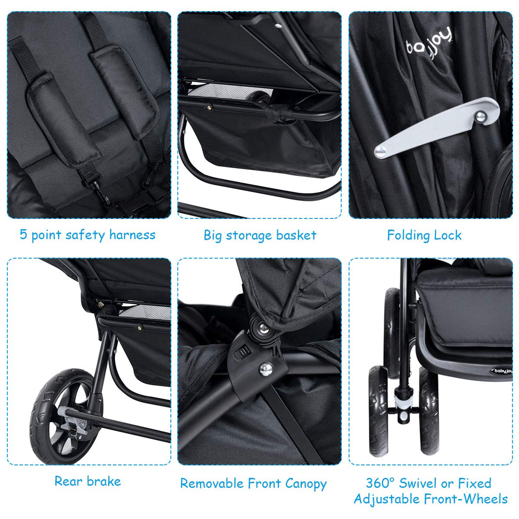 Double Stroller, Foldable Lightweight Twin Stroller with Tandem Seating, Adjustable Backrest/Canopy/Footrest, Point