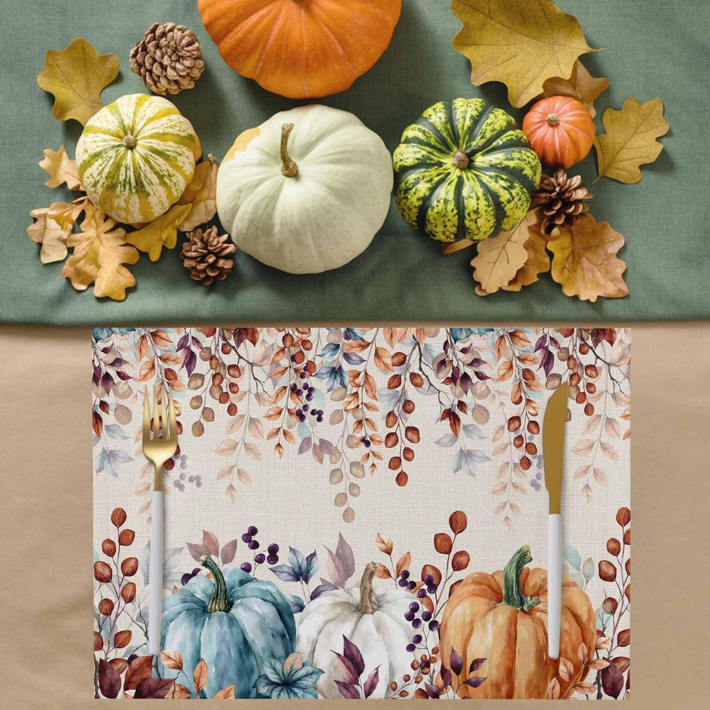 Fall Thanksgiving Placemats Set of 6, Watercolor Autumn Pumpkins Eucalyptus Leaves Heat Resistant Washable Linen