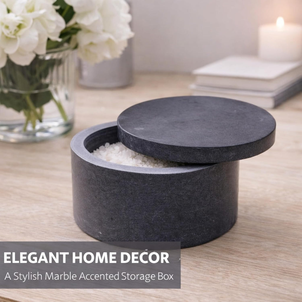 Round Marble Salt Box With Lid, 3.5" x 2"