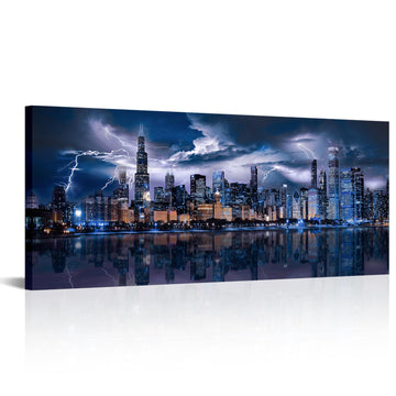 Large Chicago Canvas Wall Storm and City Night Picture Prints Skyline Painting Home Decor Bedroom