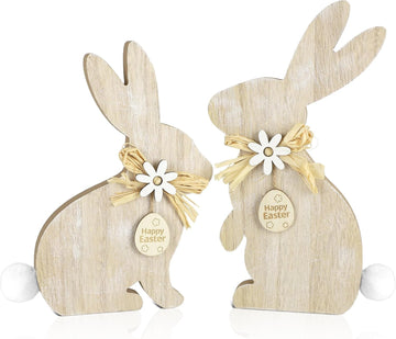 Easter Wooden Bunny Table Decor,Farmhouse Rabbit with Pompom Ball Table Centerpiece Signs,Easter Tiered Tray - Set of 2