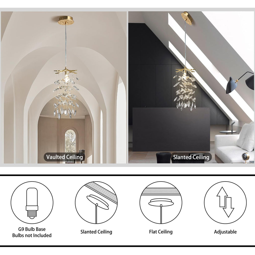 8.3" Crystal Pendant Light Island, Modern Gold Tree Branch Chandelier, Luxury Round K9 Crystal Raindrop Pendant Light