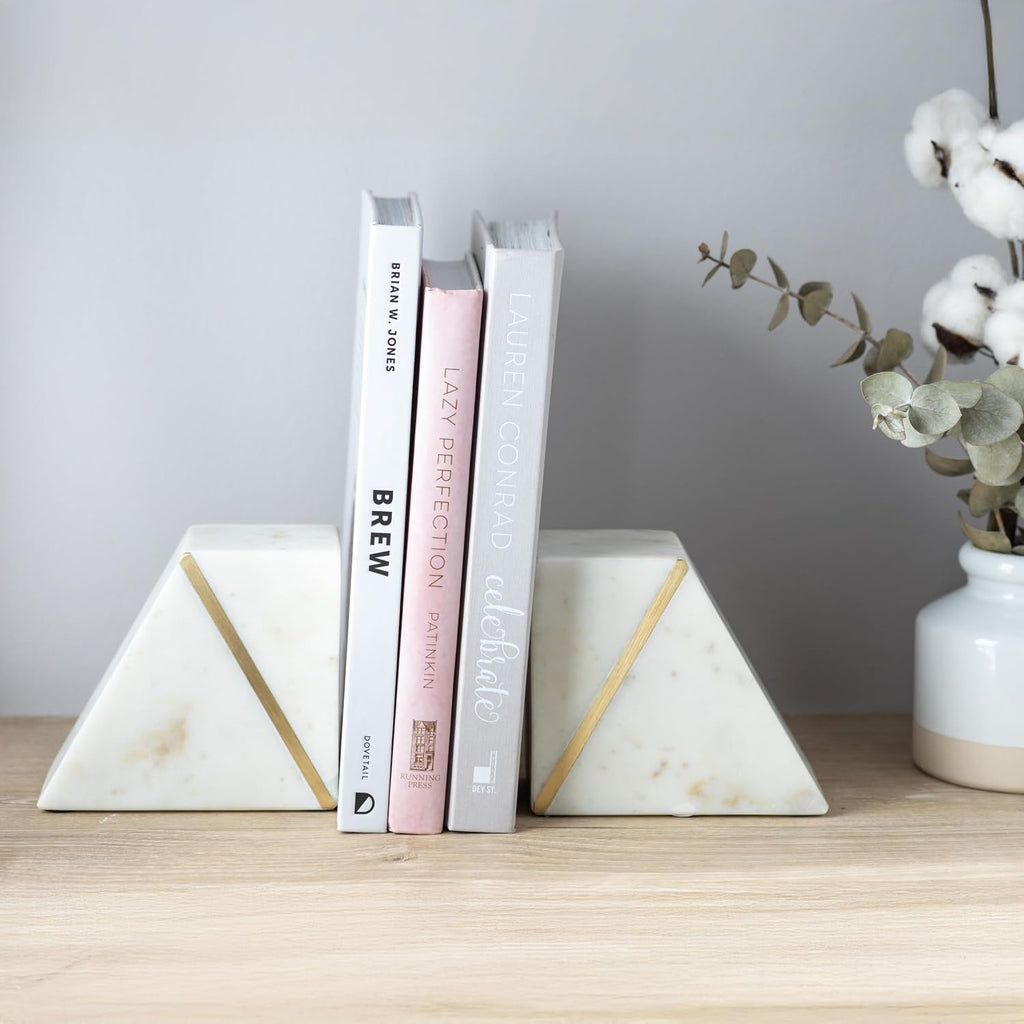 White Marble Bookends with Gold Brass, White, Set of 2 | Heavy Book Ends for Shelves, Solid Stone Bookshelf Decor