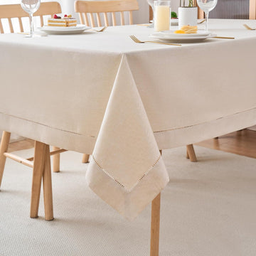 Light Natural Handmade Hemstitch Contemporary Linen Blend Solid Color Tablecloth for Dinner Table, P