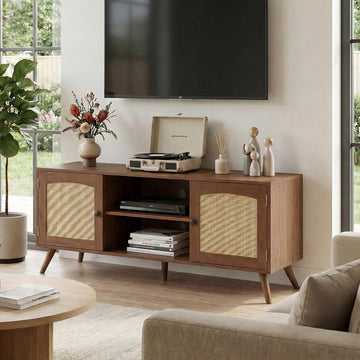 Mid Century Modern Rattan TV Stand for 55/60 Inch TV - 53" Boho Media Console Table with Cane Doors & Open Shelves